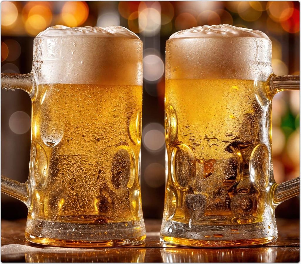 Spritzschutz Herdabdeckplatte Schneidebrett aus Glas Zwei Bierkrüge 1-Teilig (60x52cm)