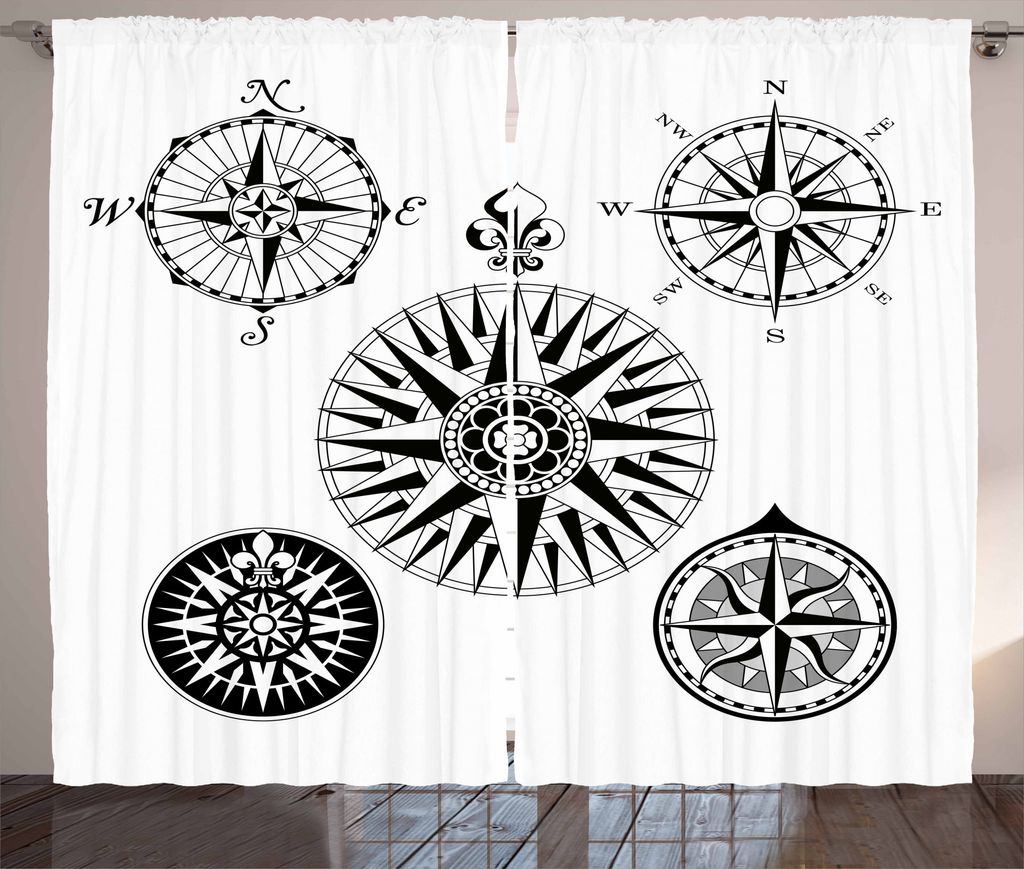 ABAKUHAUS Kompass Rustikaler Vorhang, 5 Windroses Angles, Wohnzimmer Universalband Gardinen mit Schlaufen und Haken, 280 x 175 cm, Schwarz und weiß