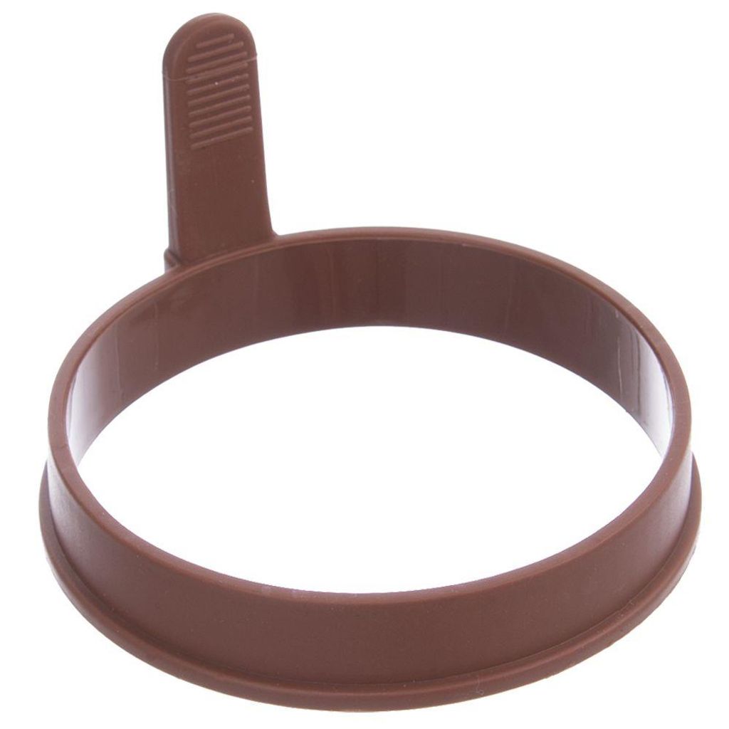A brown silicone egg ring with a handle, shown against a white background.