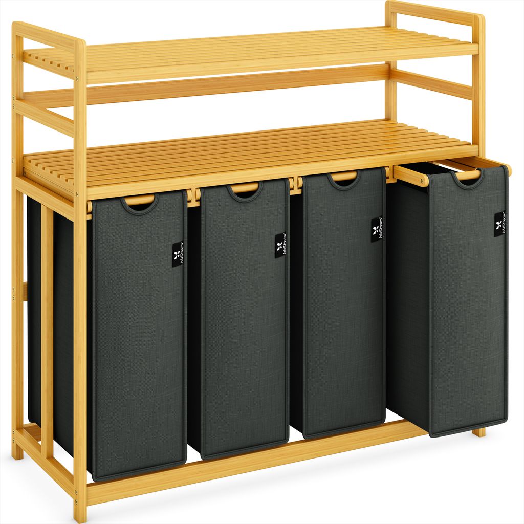 AdelDream Wäschekorb Wäschesortierer mit Regalen 4 Fächer 2 Ablagen Wäschebox Bambus Wäschesack ausziehbar und abnehmbar Laundry Basket 200L Grau