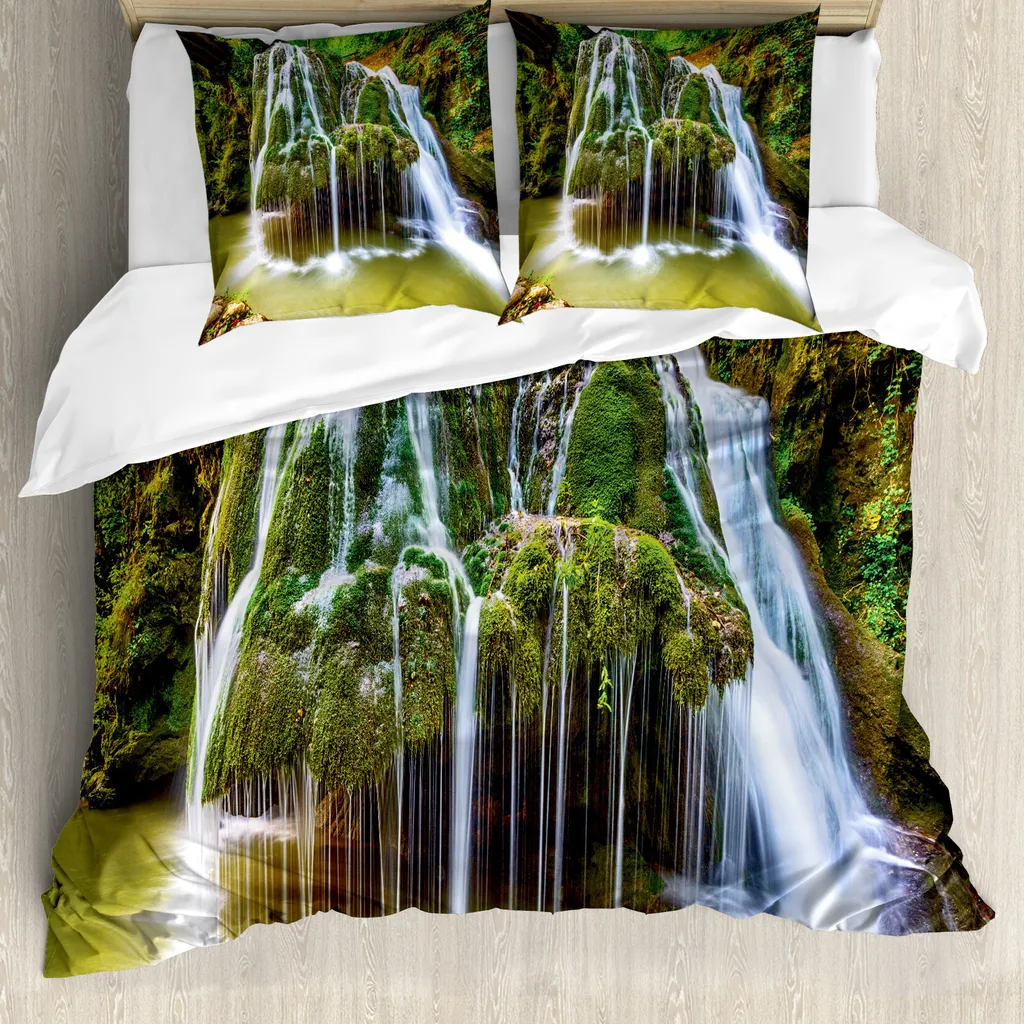 ABAKUHAUS Copripiumino Waterfall, piante botaniche in lago, antiacaro, adatto a chi soffre di allergie, con federe, 155 cm x 220 cm - 80 x 80 cm, bianco e verde