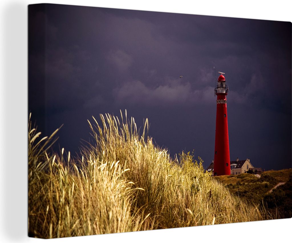 OneMillionCanvasses - Leinwandbilder - 140x90 cm, Ein roter Leuchtturm mit violettem Himmel in der Nähe der Insel Schiermonnikoog, Wandbilder Ku...