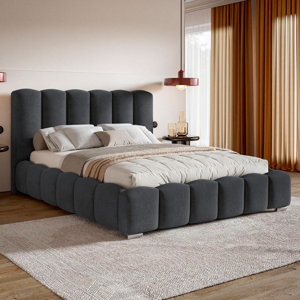 MOTIVENA Grand Bubble Polsterbett 200x200 mit Bettkasten, Metall Lattenrost, Bubble Bett 200x200 Grau Samt (Jasmine 96)