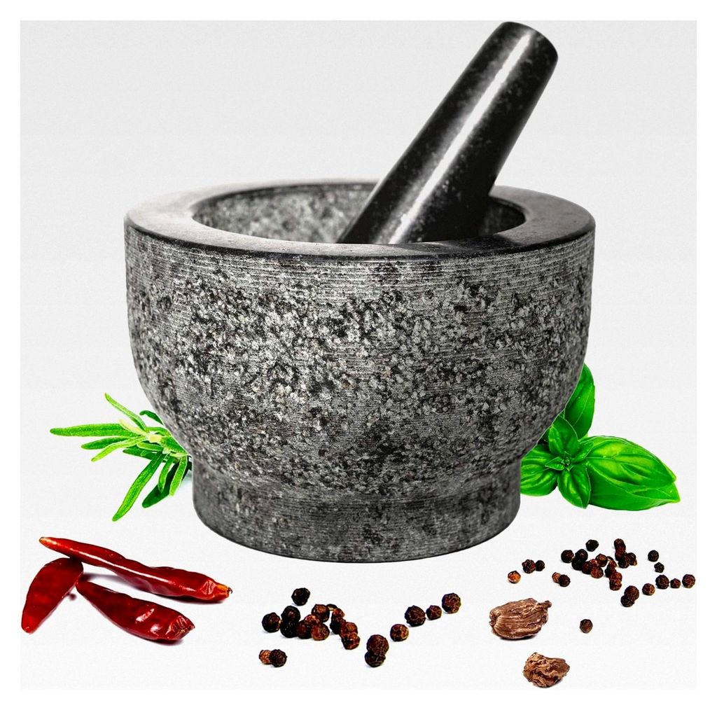 Granit-Mörser und Stößel - natürliche unpolierte, nicht porös, spülmaschinenfest, Set, 15cm