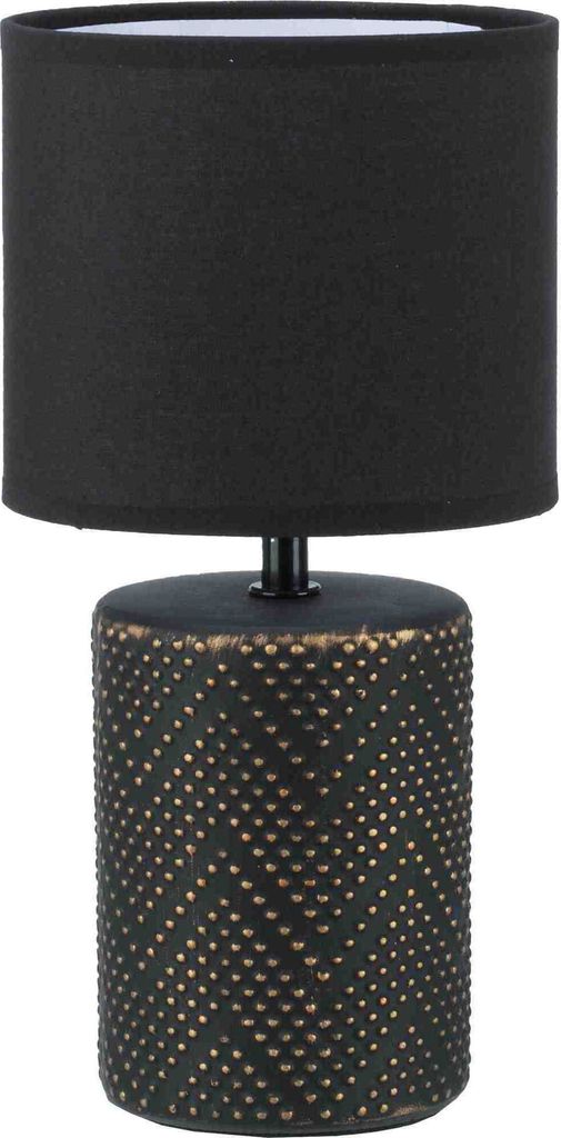 B&S Keramik Tischlampe mit Stoffschirm Rund E27 Höhe 34 cm schwarz / gold