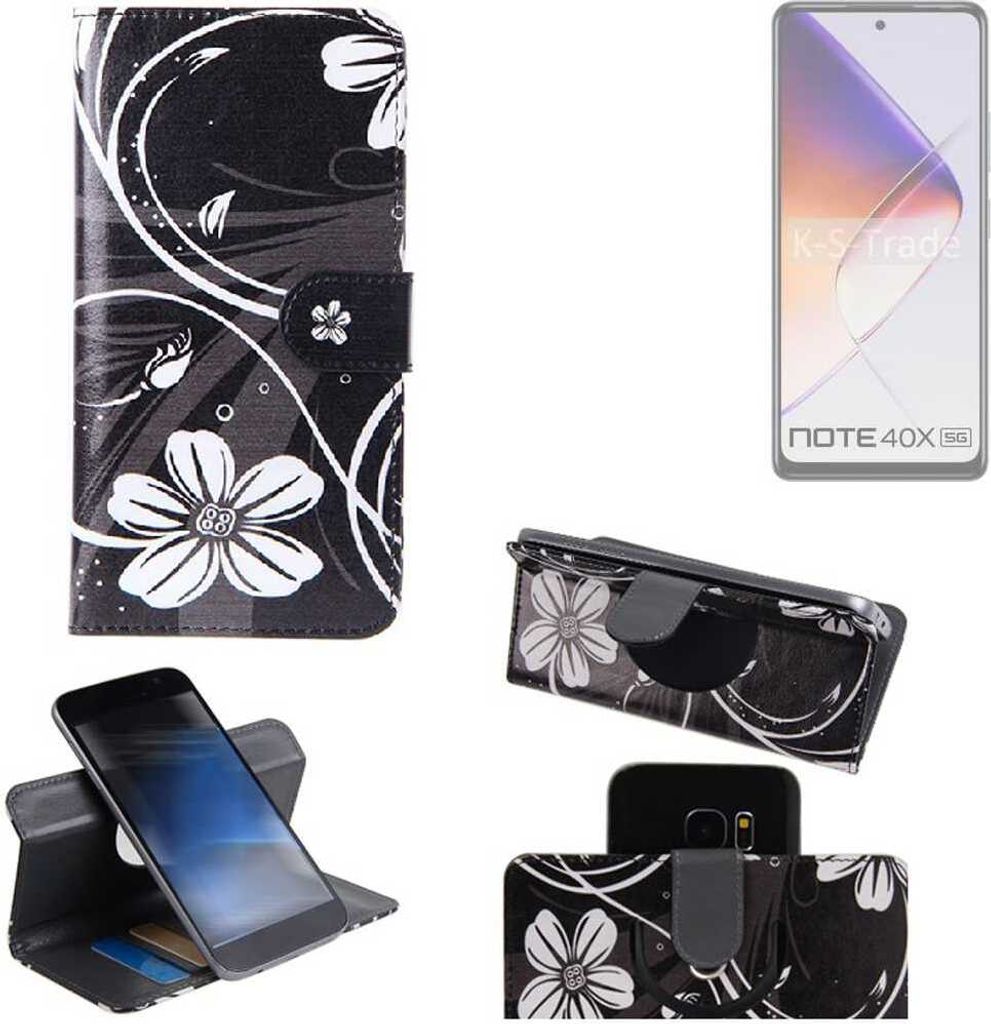 K-S-Trade Schutzhülle Handyhülle kompatibel mit Infinix Note 40X 5G Hülle 360° Wallet Case “Flowers“ Klapphülle Hülle schwarz-weiß 1x