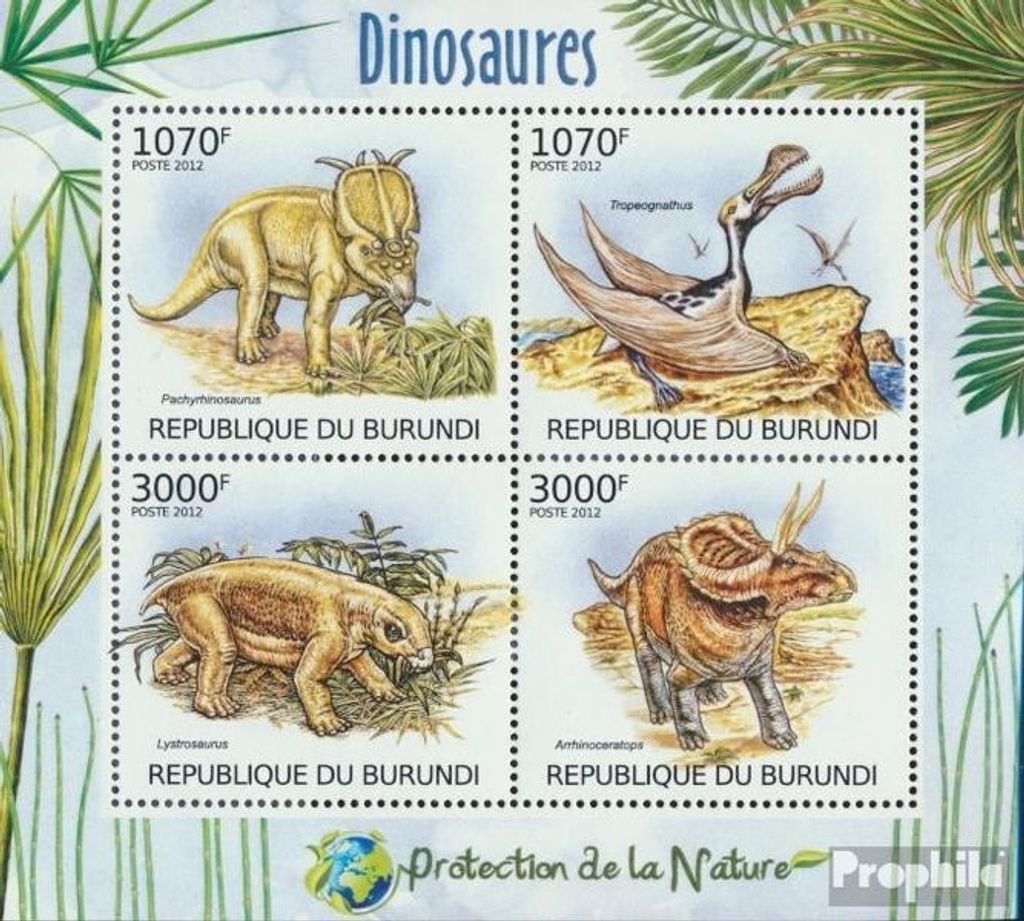 Briefmarken Burundi 2012 Mi 2555-2558 Kleinbogen (kompl.Ausg.) postfrisch Prähistorische Reptilien