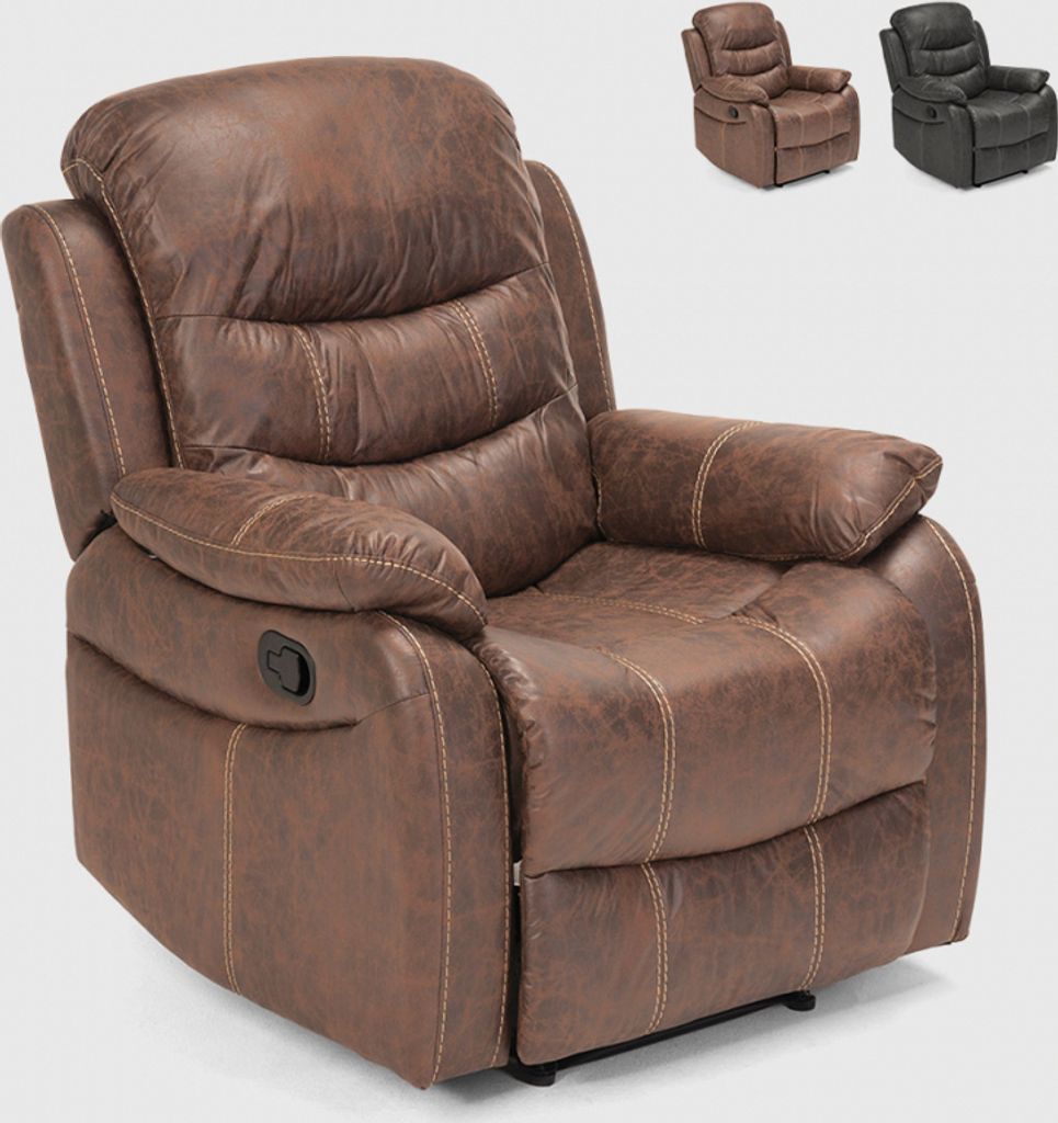 A brown leather recliner chair is shown against a white background. In the upper right corner, two smaller images of the same chair in different colors (brown and dark gray) are visible.