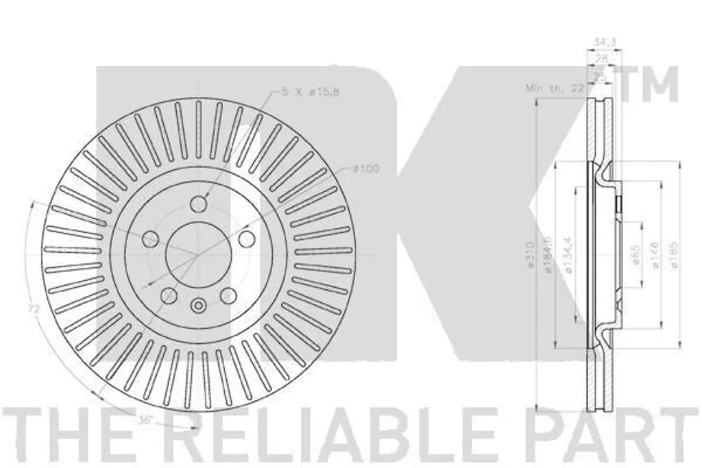 2 disques de frein NK 2047165 pour VW Polo 6R1 6C1 - Diamètre 310mm