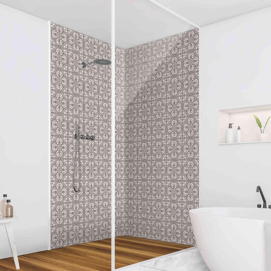 Duschrückwand mit Motiv selbstklebend - 0.61 mm Wandpaneel wasserfest Design grau Fliesenoptik Illustration Badrückwand fugenlos Premium matt 90x...