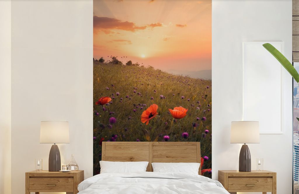 MuchoWow Fototapete für Wohnzimmer oder Schlafzimmer Wandtapete Vinyl Motivtapete Blumenfeld - Gras - Pflanzen - Sonnenuntergang - Orange - 120x...