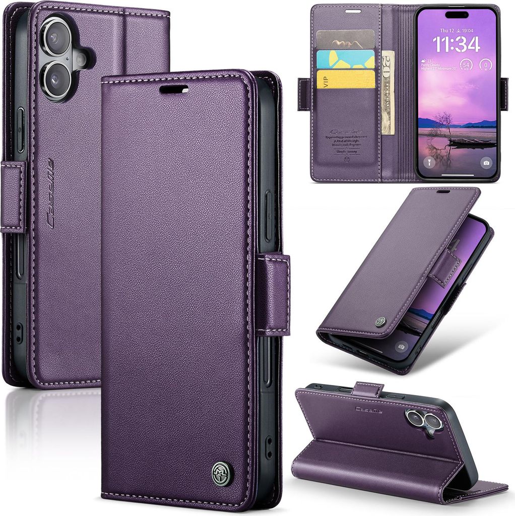 Lederhülle für iPhone 17 Brieftasche Kartenfach Schutzhülle mit Standfunktion Lila