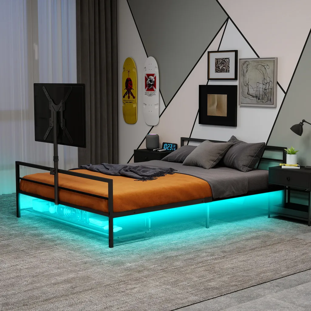 Lit de jeu LED noir avec support écran réglable et paniers intégrés - 2