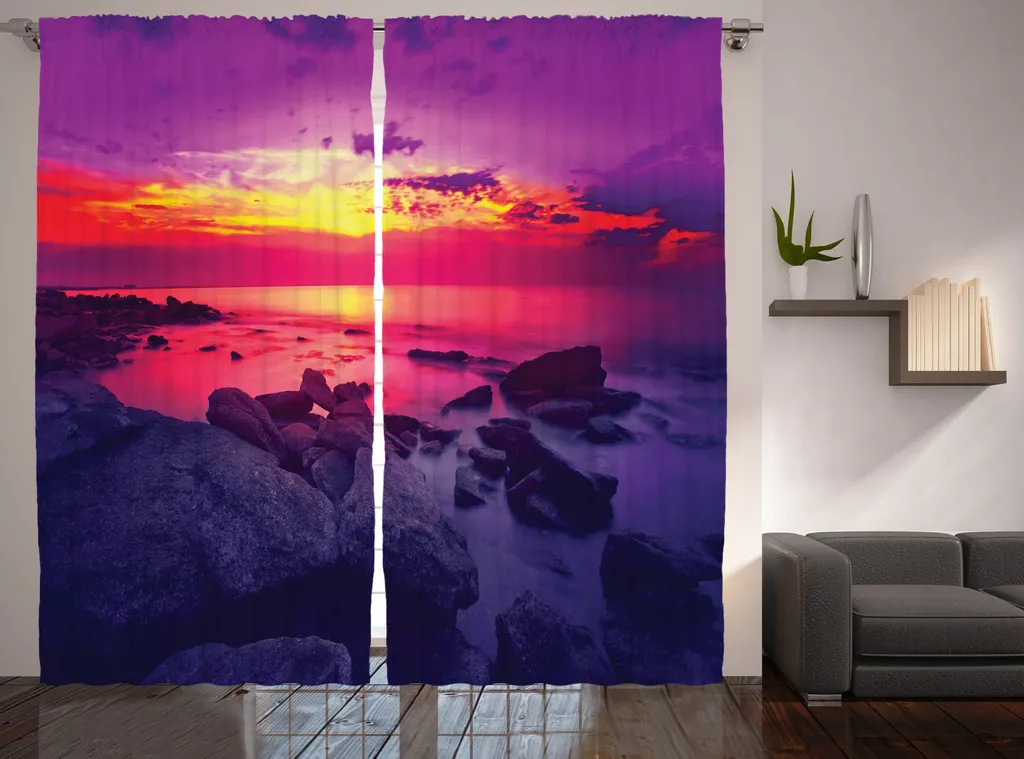 Rideau de Chambre à Fronces Motif Mer et Coucher de Soleil 280x225 cm