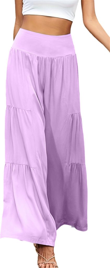 ASKSA Damen Leinenhose Sommer Elegant Hohe Taille Weites Bein Freizeithose Leichte Hosen, Hellviolett, Groesse: M