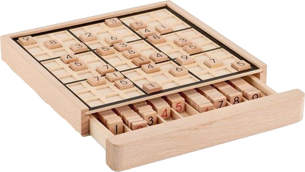A wooden Sudoku board game with wooden number tiles in a drawer.