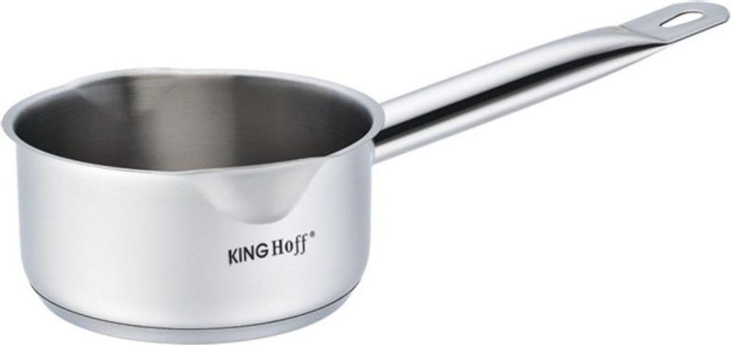 A stainless steel saucepan with a handle is shown against a white background.