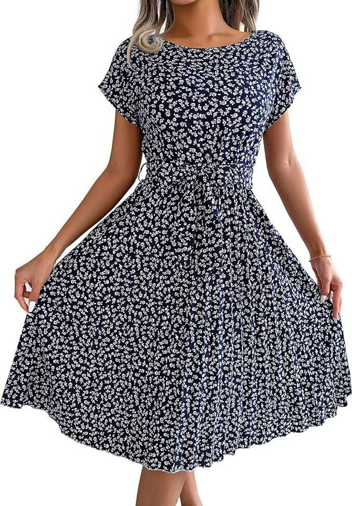 Damen Midi-Kleid mit Blumenmuster - Kurzärmliges, plissiertes Kleid mit Rundhalsausschnitt und Gürtel. Perfekt für den Sommer