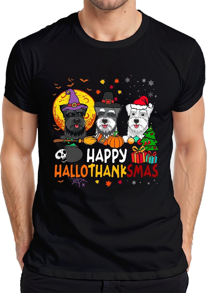 Happy Hallothanksmas Schnauzer Halloween Thanksgiving Weihnachten Herren T-Shirt, Schwarz, XXL