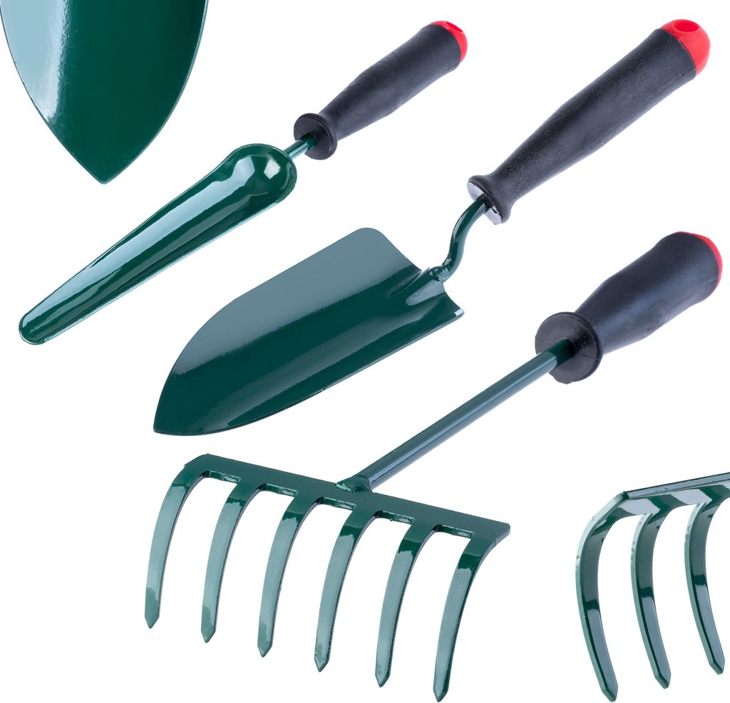 A set of three gardening tools: a trowel, a shovel, and a rake, arranged diagonally against a white background.