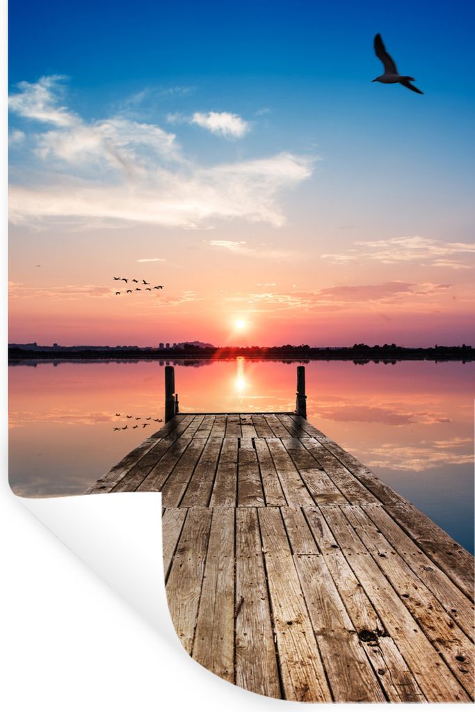 MuchoWow Wandtattoo Wandsticker Wandaufkleber Steg - Wasser - Sonnenuntergang - Rosa - Horizont 80x120 cm Selbstklebend und Repositionierbar - Re...