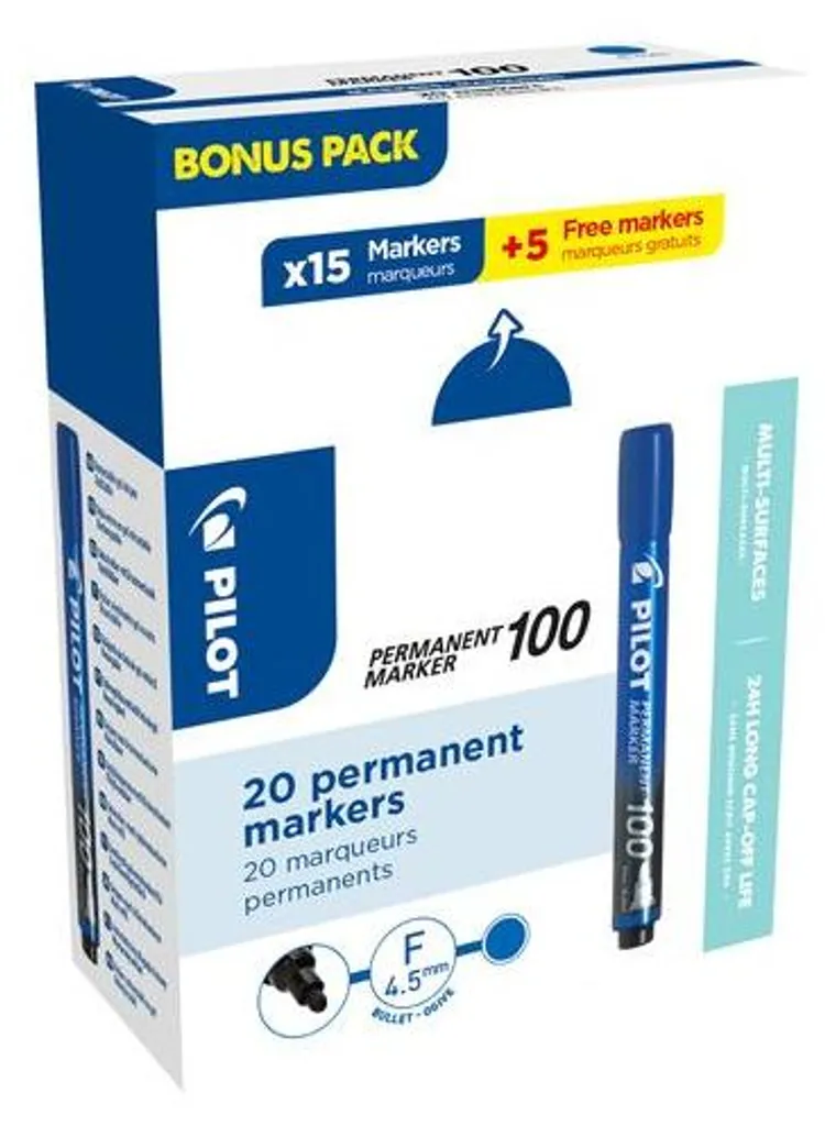 Feutre permanent Pilot bleu pointe moyenne lot de 20 marqueurs indélébiles