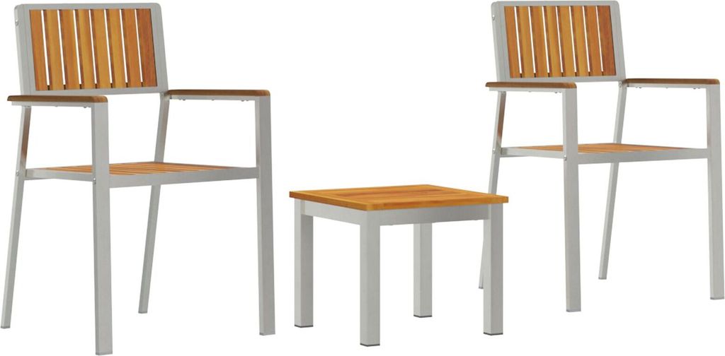3-teiliges Garten Essset Massivholz Akazie, Stapelbare Gartenstühle 2 Stk. Massivholz Akazie und Metall, Gartenstühle DesignMöbel Neu