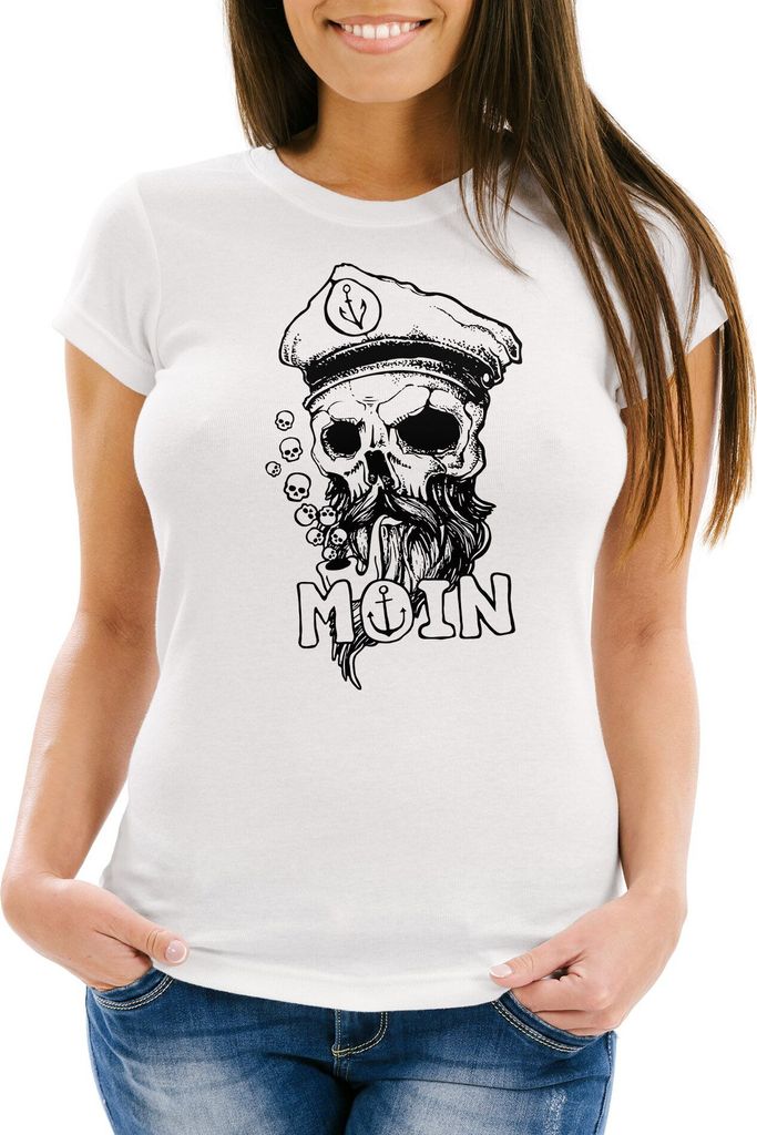 Damen T-Shirt Moin Kapitän Totenkopf Anker Bart Hamburg Fashion Streetstyle Slim Fit Neverless weiß XXL