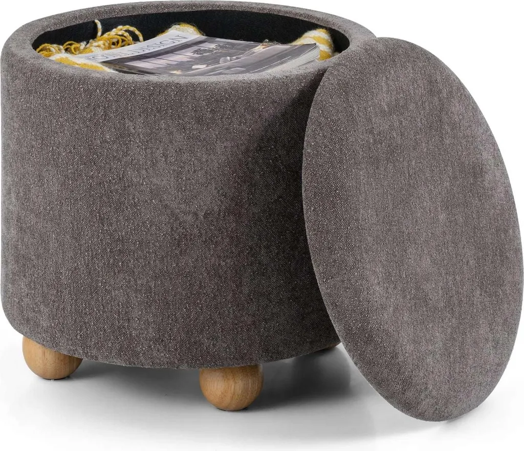 Tabouret coffre de rangement rond en tissu chenille gris pour le salon