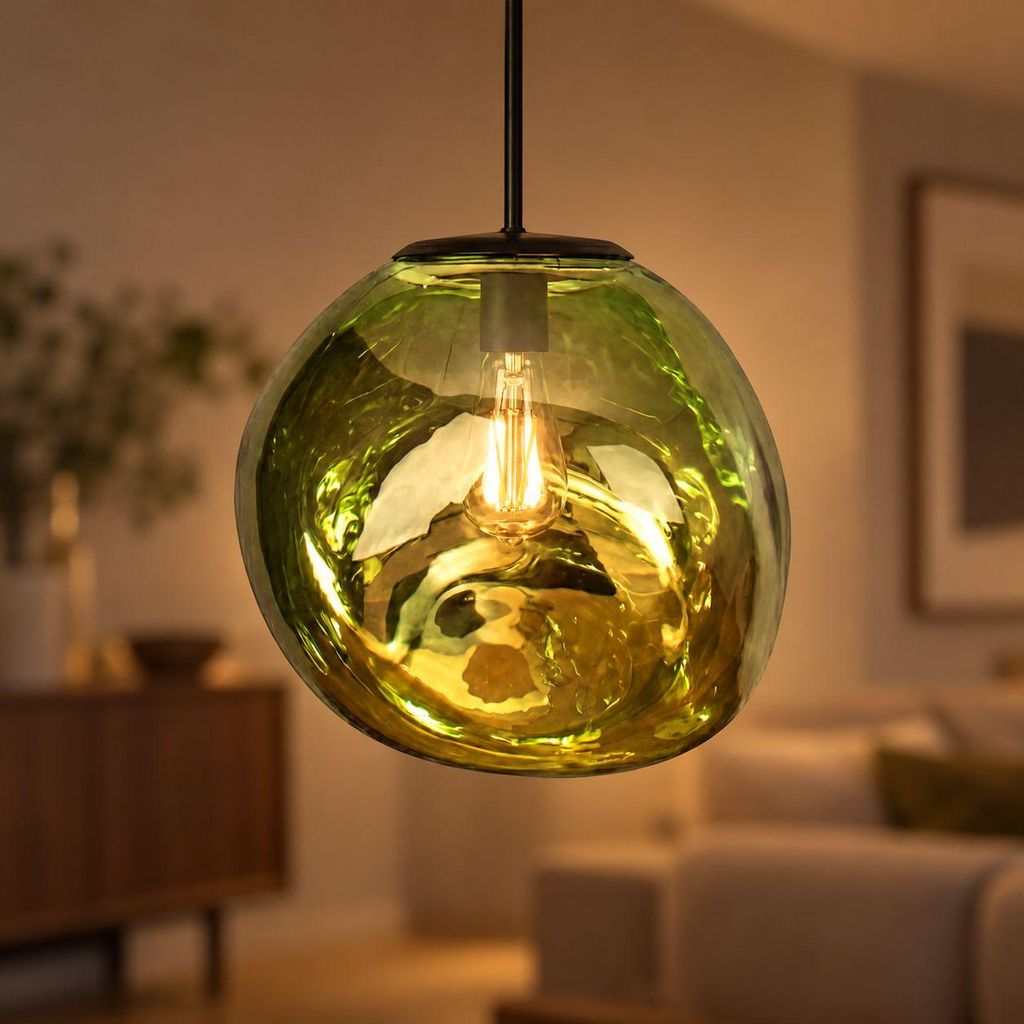 Hängelampe Esstisch Glas Grün Metall E27 Ø36 cm rund Produktbild 