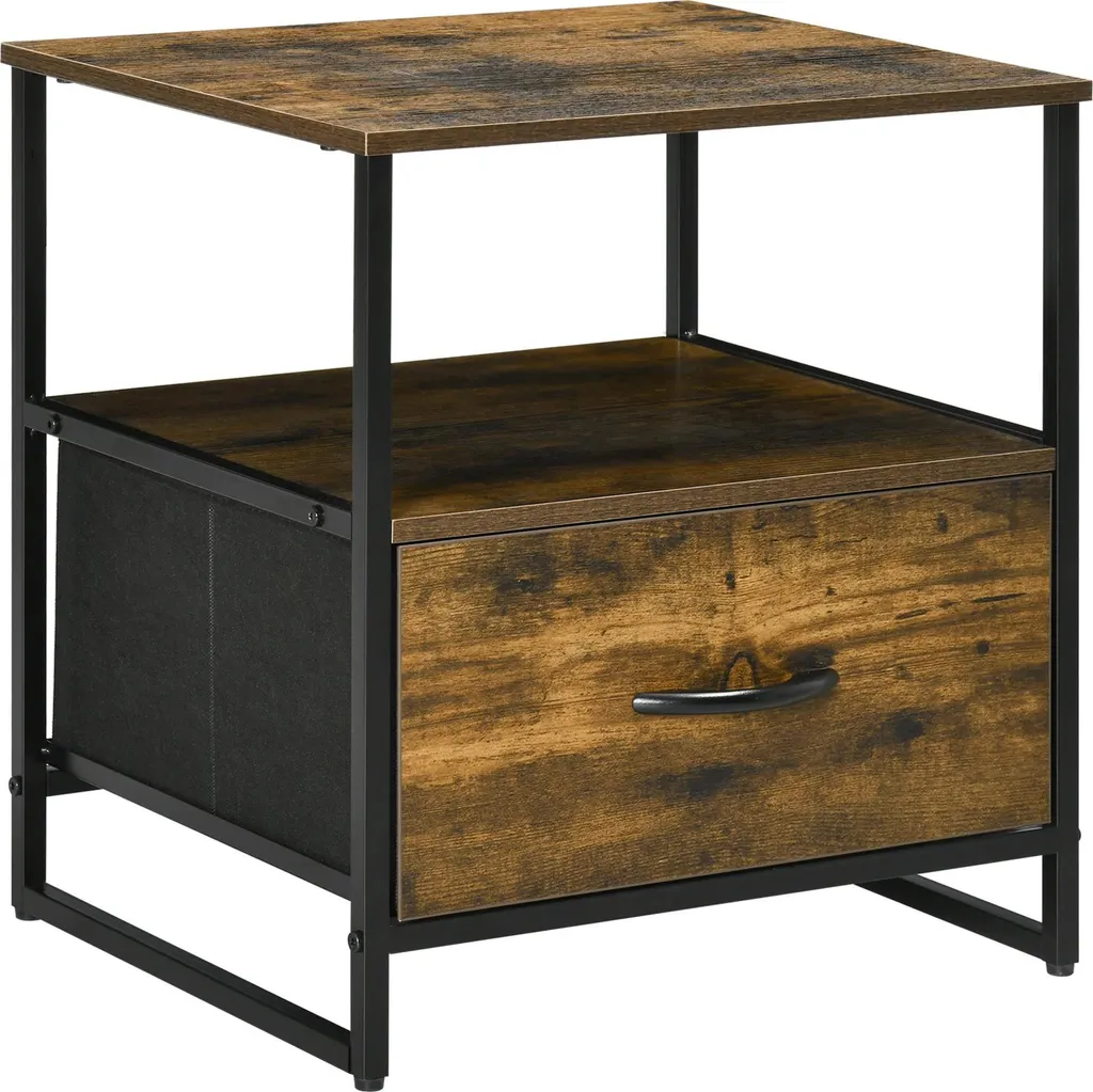 Table de nuit marron olive avec tiroir tissu et structure en acier