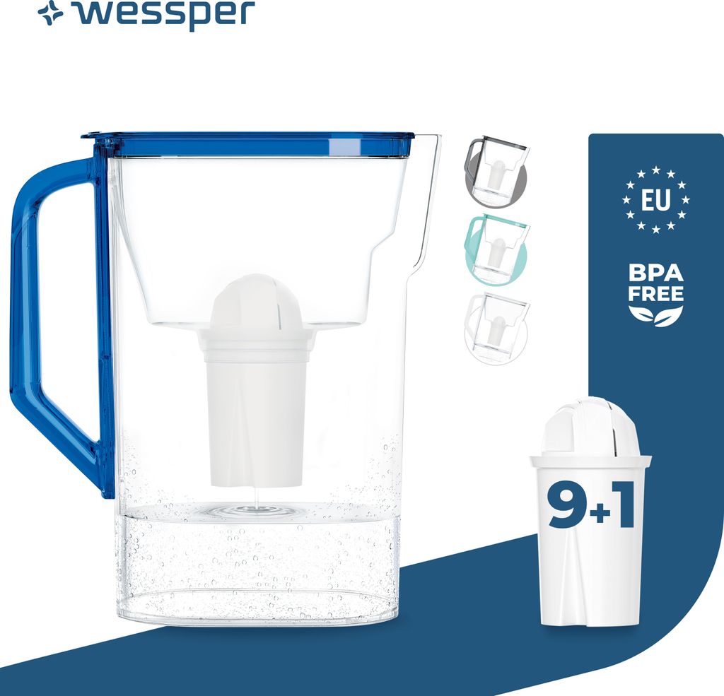 Wessper D3 Slim Aquaclassic 2.7L blau Kühlschrank-Filterkanne Kompatibel mit Brita- und Aquaphor-Filtern + 10x Aquaclassic Filterpatrone