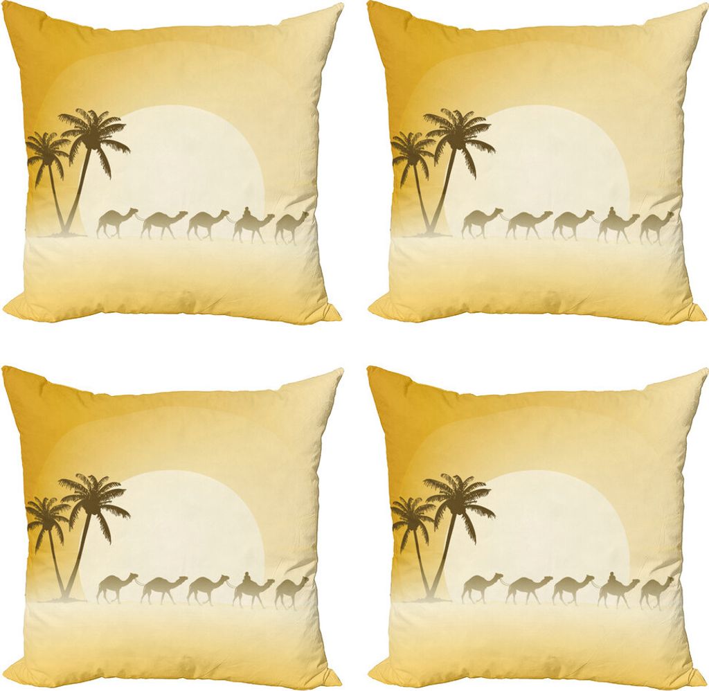 ABAKUHAUS Düne Kissenbezug Set (4 Stück), Kamel-Wohnwagen und Palmen, Moderner Doppelseitiger Digitaldruck, 50 cm x 50 cm, Yellow Fawn