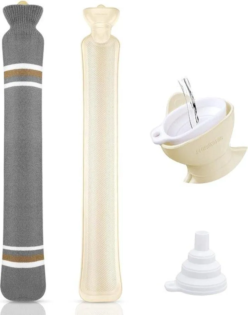 Bouillotte longue de 2L avec housse tricotée grise pour nuque et dos