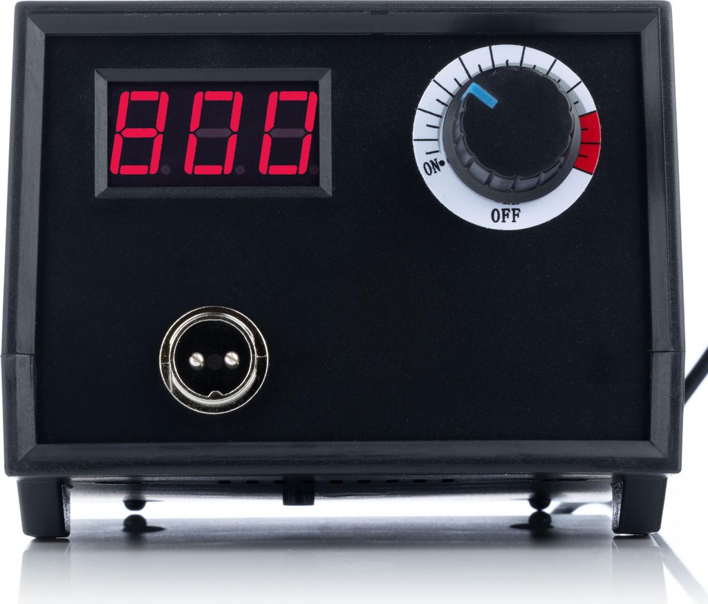 A close-up front view of a black Fenix RBB60W 60W wood burning station with a digital display and a rotary dial.