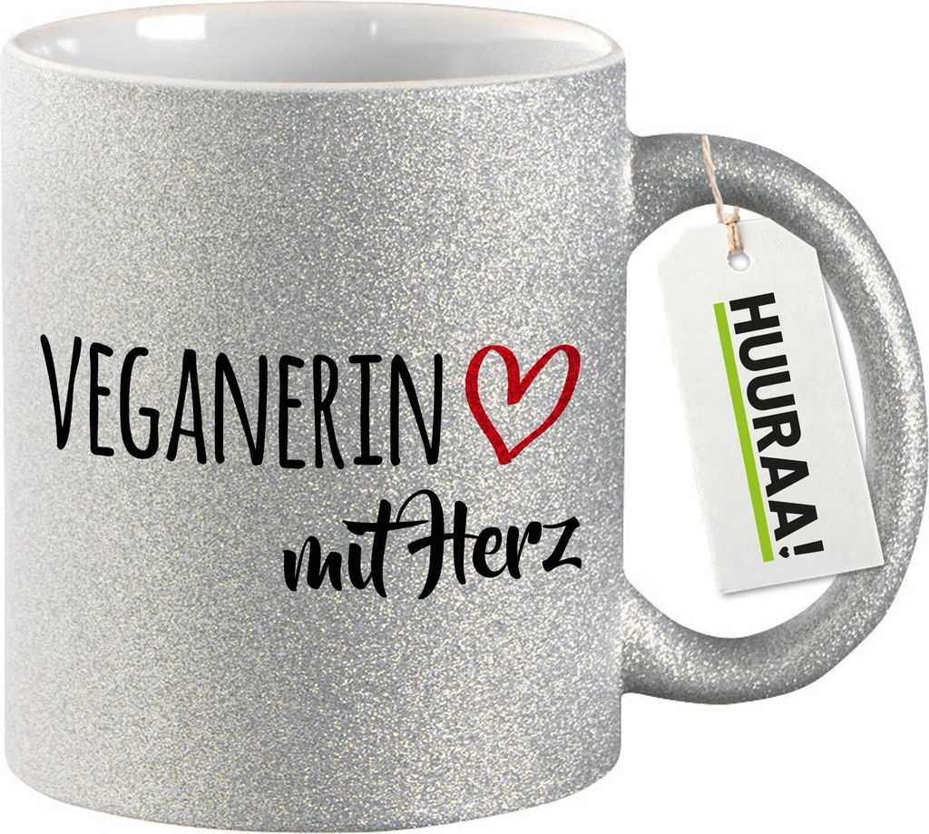 Huuraa Glitzertasse Veganierin mit Herz 330ml Silber Keramik Kaffeebecher Geschenkidee