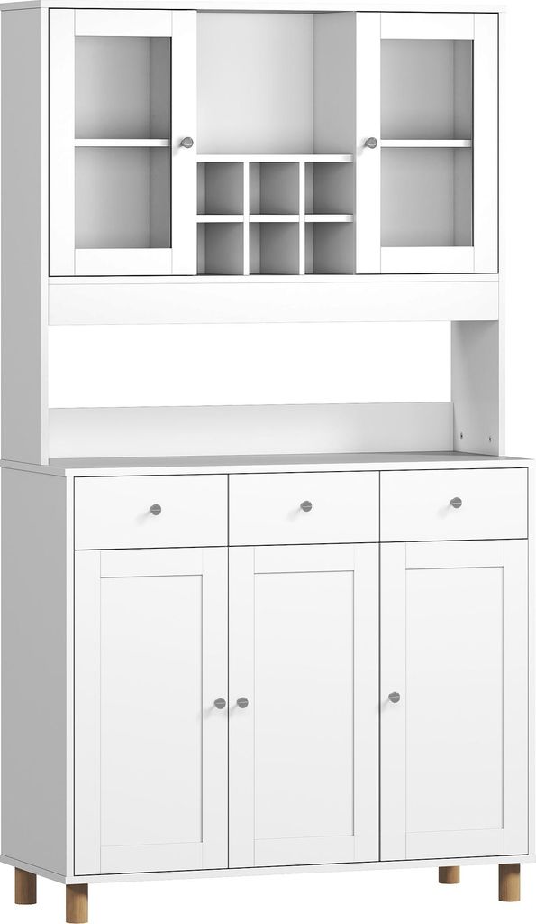 180 cm Küchenschrank, 2 Glastüren, 3 Schubladen, 4 verstellbare Regale, Esszimmerschrank, Spanplatte, Weiß
