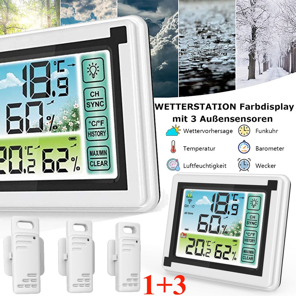 Digitale LCD Funk-Wetterstation Wecker Temperatur Hygrometer Kalender Tischuhr