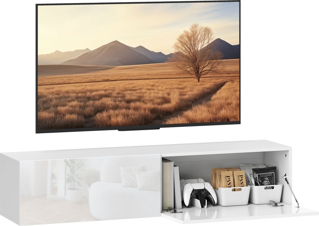 HOMCOM TV Schrank hängend TV Board 140 cm für Fernseher bis zu 65 Zoll Lowboard Fernsehtisch mit Stauraum Fernsehschrank für Wohnzimmer Hochglan...