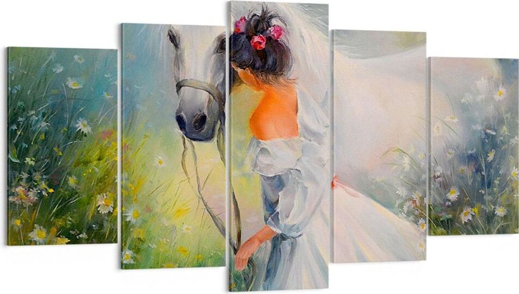 Bild auf Leinwand - Leinwandbild - Frau Wiese Pferd - 160x85cm - Wand Bild - Wanddeko - Wandbilder - Leinwanddruck - Bilder - Kunstdruck - Wanddeko...