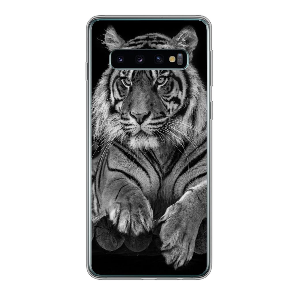MuchoWow Handyhülle Schutzhülle Hülle für Samsung Galaxy S10 Sumatra-Tiger auf schwarzem Hintergrund Silikon Softcase Handy Hülle - Handytasche