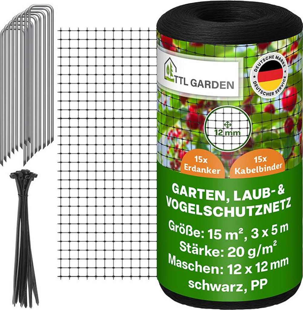 TTL GARDEN Vogelschutznetz 3x5m schwarz 20g/m² engmaschig Produktbild 