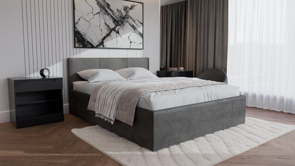Polsterbett DONA mit Kopfteil, 180x200 cm, Doppelbett mit Bettkasten und Lattenrost aus Holz, Velourstoff, Farbe: Hellgrau