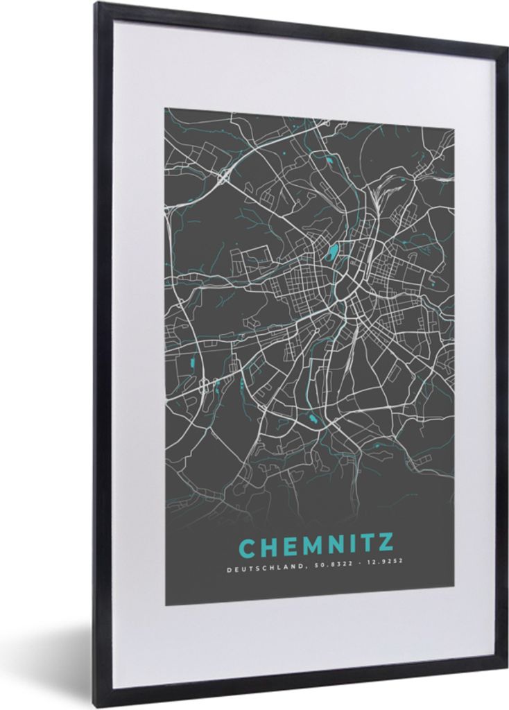 MuchoWow Gerahmtes Poster Stadtplan - Chemnitz - Genk - Blau - Deutschland - Karte 40x60 cm - Poster mit Schwarzem Bilderrahmen Wandposter Rahmen...