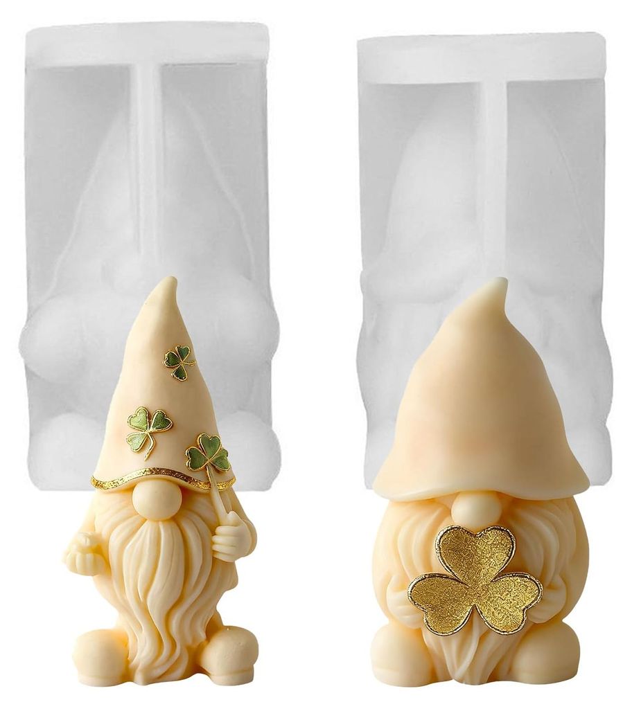 Zweiteilige Silikon-Weihnachtskerzenform, 3D-Kerzenform mit kleinen Wichteln und Kleeblatt-Dekoration, DIY-Silikonformen für Duftkerzen, Ornamente...