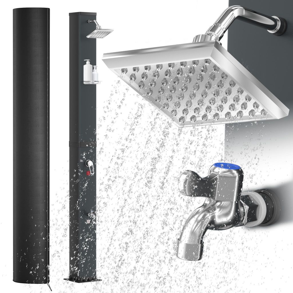 CEEDIR Solardusche 40 L 60 °C, Gartendusche Schwarz mit 360° Regenduschkopf, Handbrause & Fußdusche, Ohne Strom, Außendusche mit Schutzhaube