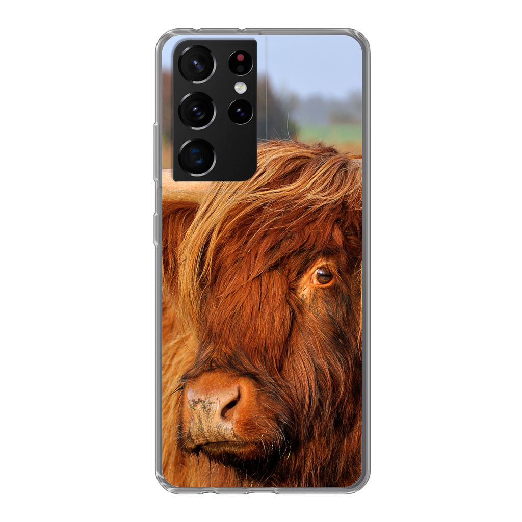 MuchoWow Handyhülle Schutzhülle Hülle für Samsung Galaxy S21 Ultra Schottischer Highlander - Gras - Baum Silikon Softcase Handy Hülle - Mobi...