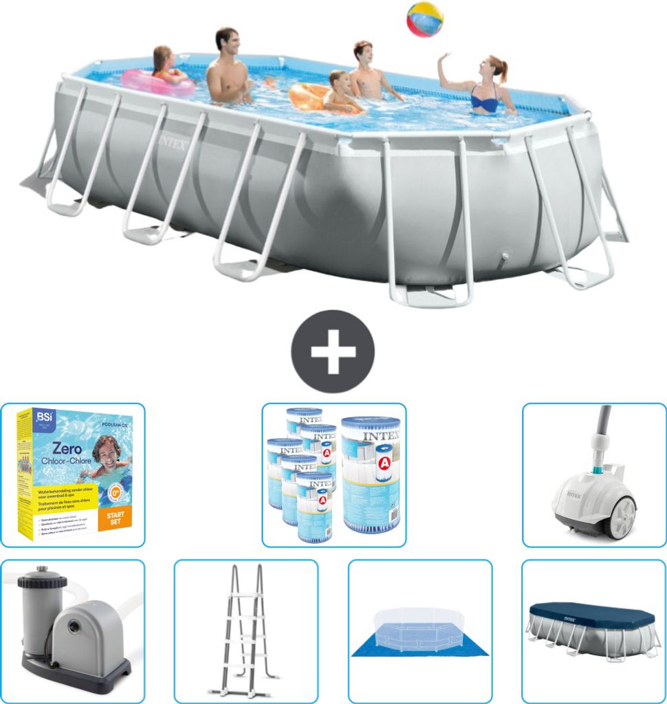 Intex Oval Prism Frame Swimmingpool – 503 x 274 x 122 cm – Grau – inklusive Pumpe – Leiter – Bodenplane – Abdeckung Wartungspaket - Fil...