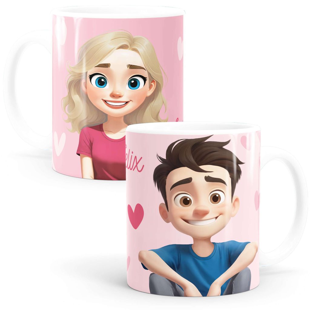 Kaffee-Tasse Geschenk Liebe, Clipart Figuren personalisiert mit Namen, Geschenkidee Paare Freund Freundin Mann Frau Sie & Ihn, Keramik Fullprint Sp...