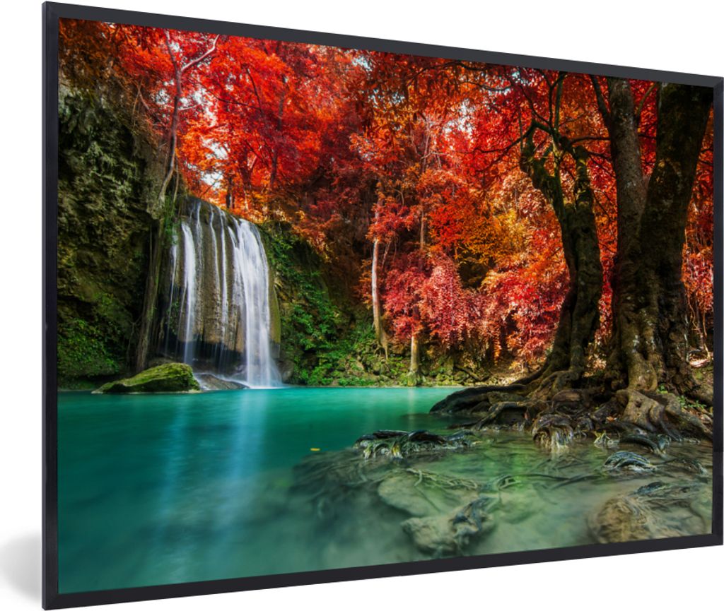 MuchoWow Gerahmtes Poster Wasserfall - Baum - Rot - Herbst - Wasser 90x60 cm - Poster mit Schwarzem Bilderrahmen Wandposter Rahmen Foto Bilder - ...